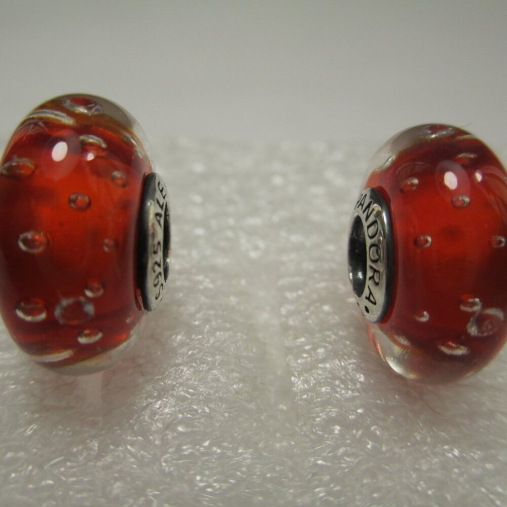 Set of 2 July 4th Red Effervescence Clear CZ Pandora Charms Murano Glass Beads